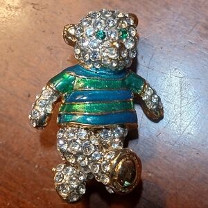 Gold Tone Crystal Cute  Bear Brooch with Enamel T-Shirt